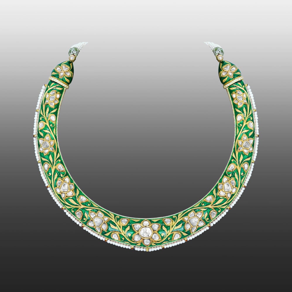 Green Enamel Hasli with Polki Diamonds and Pearl Accents
